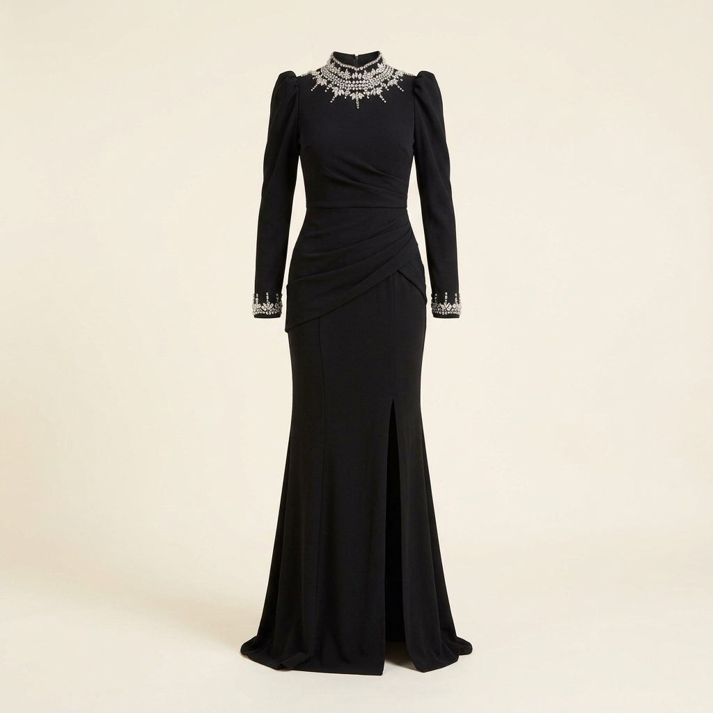 Robe de Soirée Longue Noire à Col et Poignets Strassés
