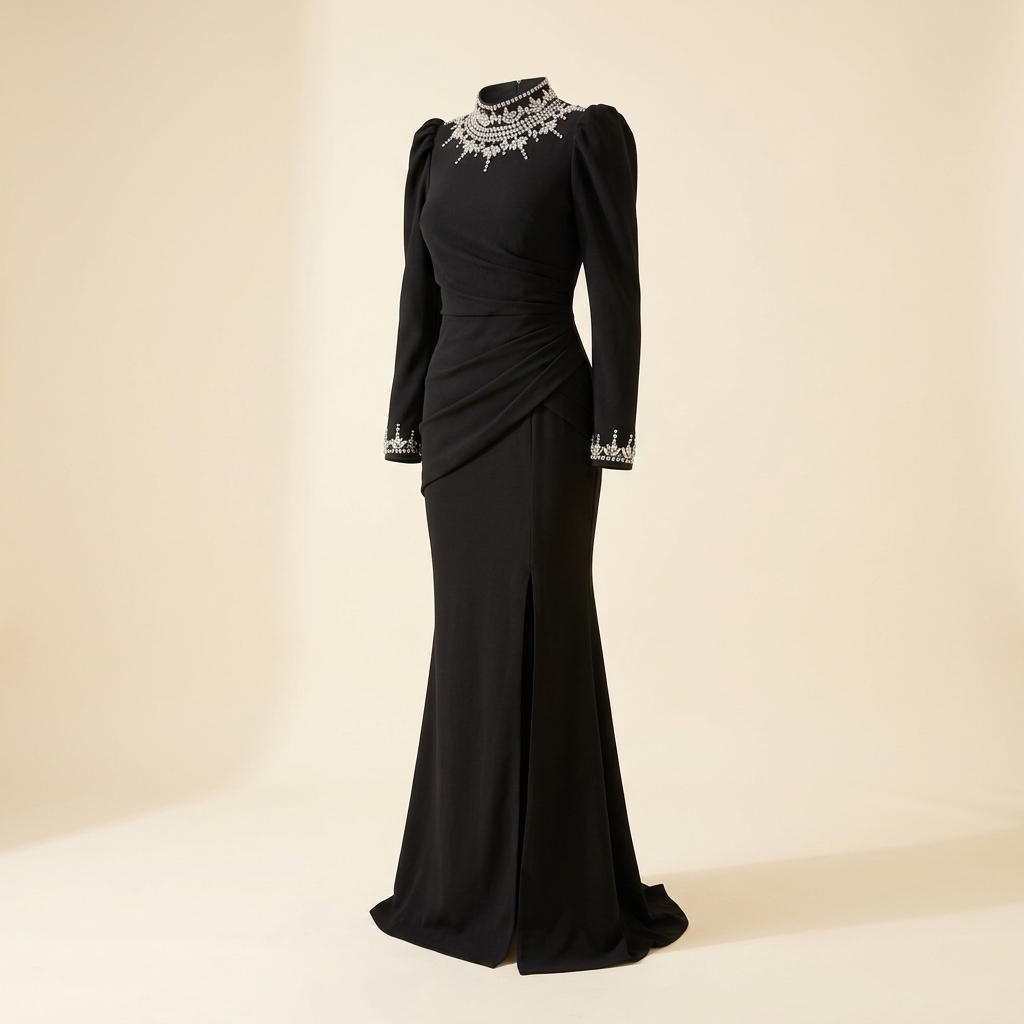Robe de Soirée Longue Noire à Col et Poignets Strassés