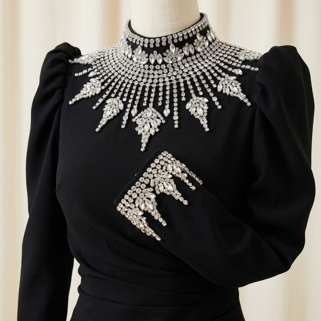 Robe de Soirée Longue Noire à Col et Poignets Strassés
