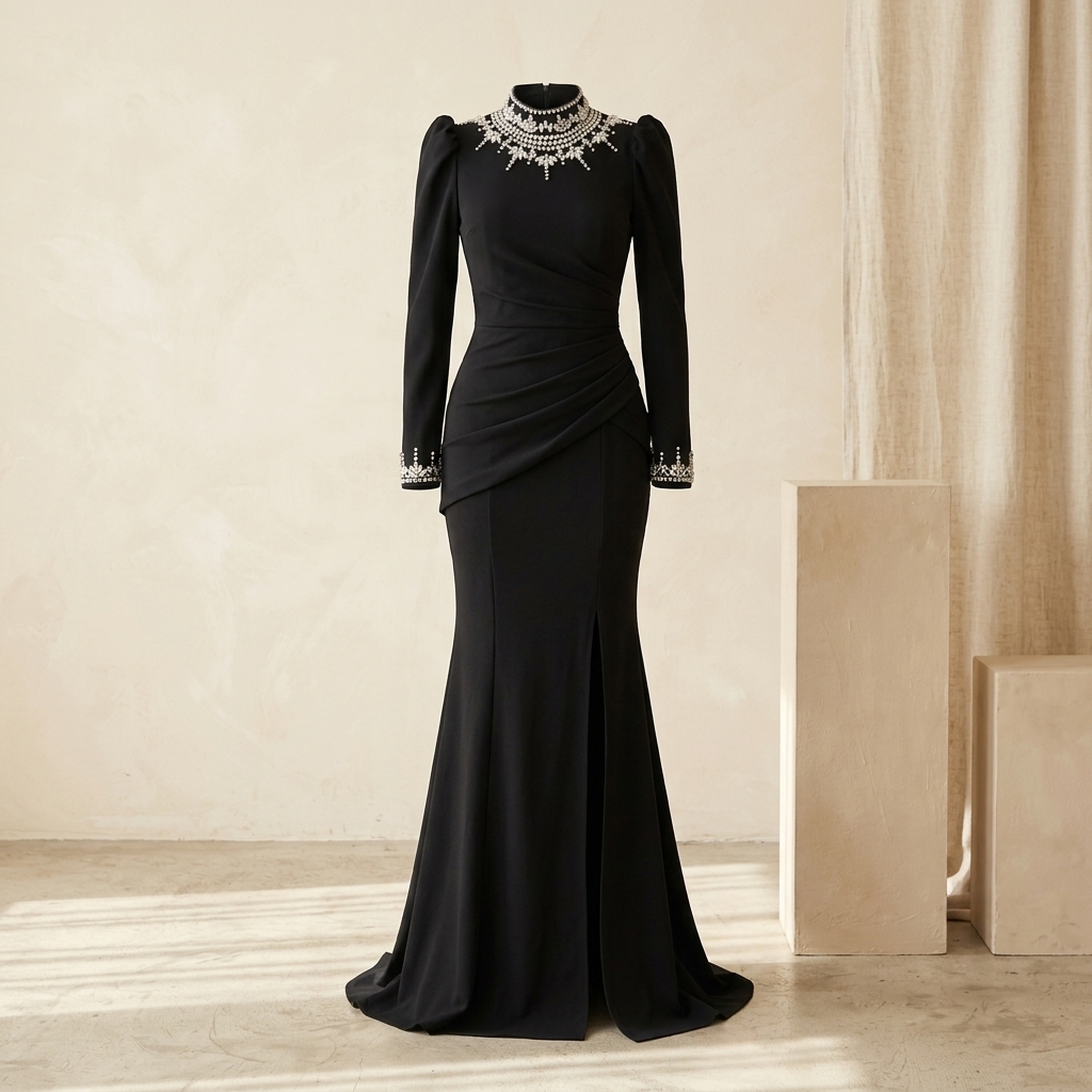 Robe de Soirée Longue Noire à Col et Poignets Strassés