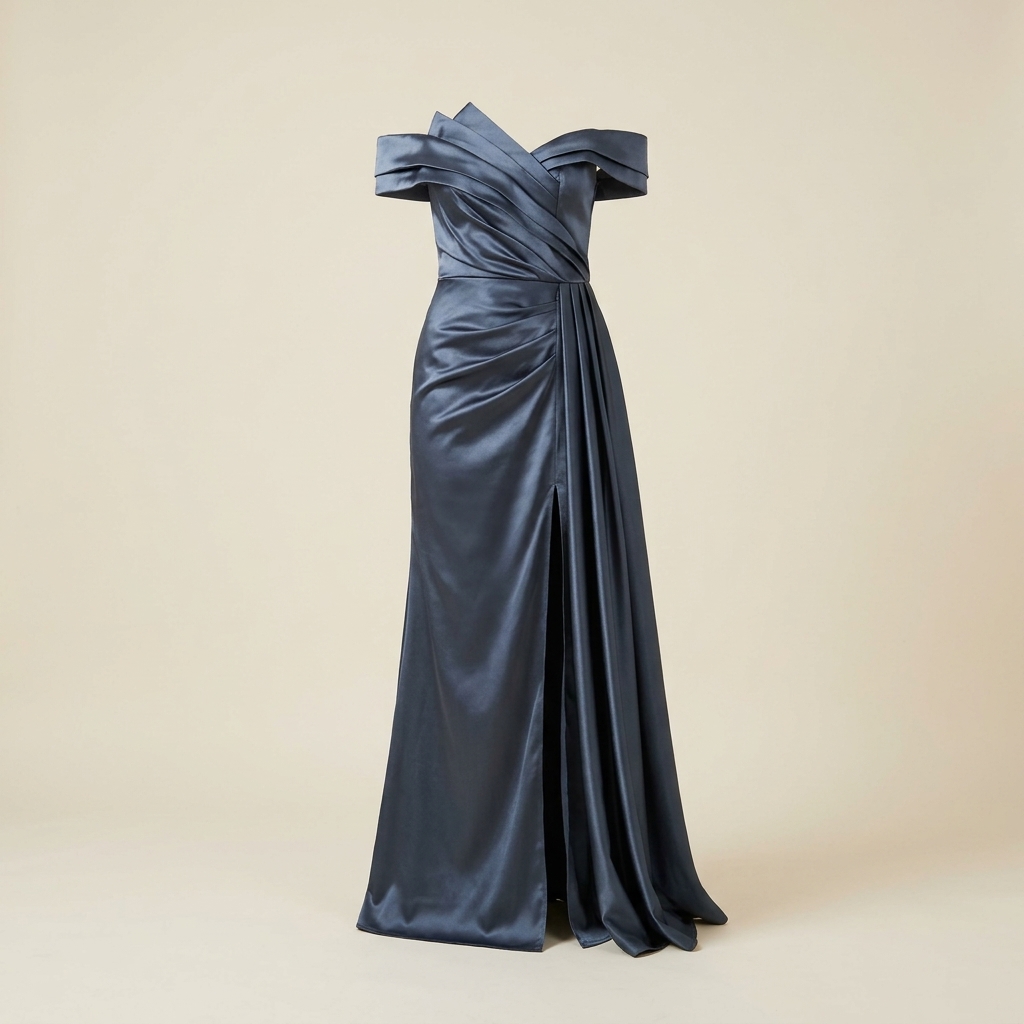 Robe de Soirée Longue en Satin Bleu Ardoise à Épaules Dénudées