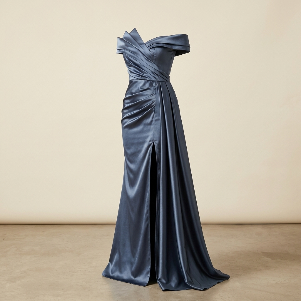 Robe de Soirée Longue en Satin Bleu Ardoise à Épaules Dénudées