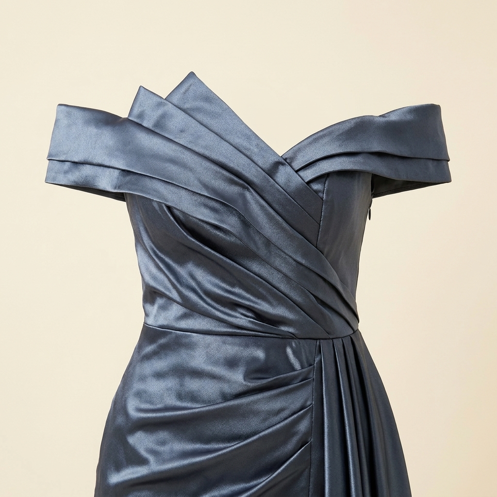 Robe de Soirée Longue en Satin Bleu Ardoise à Épaules Dénudées