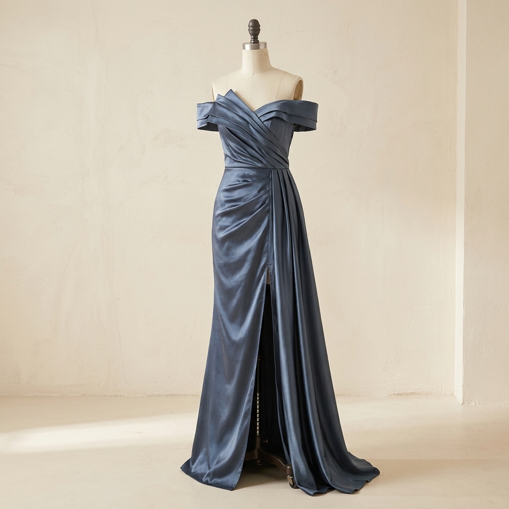 Robe de Soirée Longue en Satin Bleu Ardoise à Épaules Dénudées