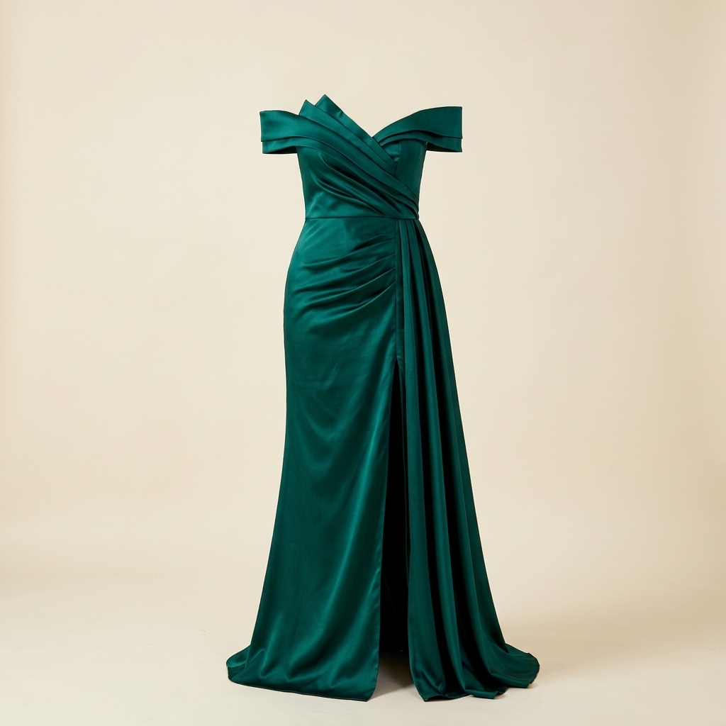 Robe de Soirée Longue en Satin Vert Émeraude avec Fente