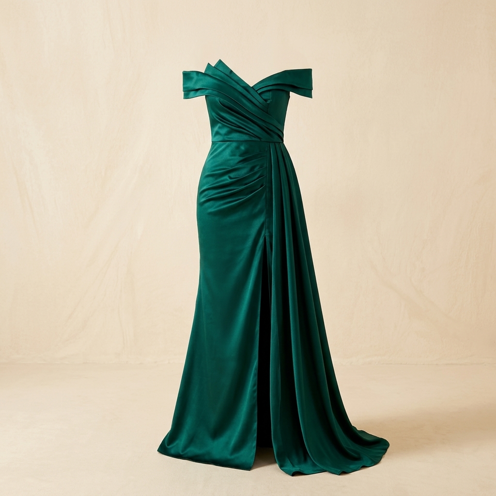 Robe de Soirée Longue en Satin Vert Émeraude avec Fente