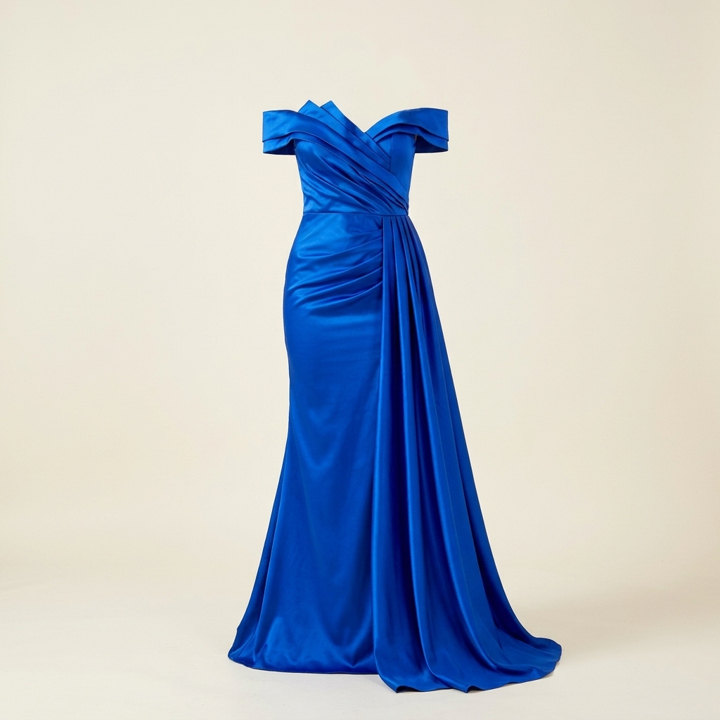 Robe de Soirée Longue en Satin Bleu Roi à Épaules Dénudées