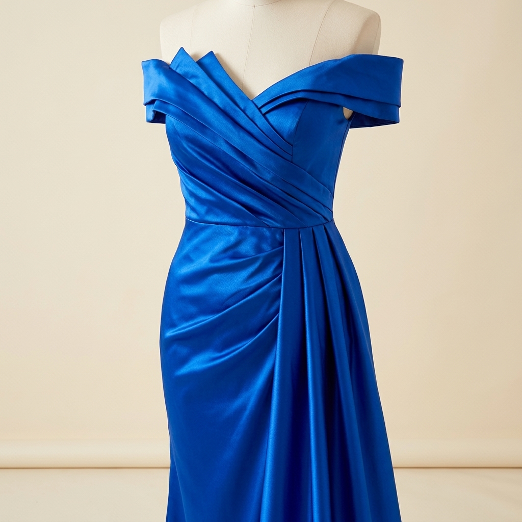 Robe de Soirée Longue en Satin Bleu Roi à Épaules Dénudées