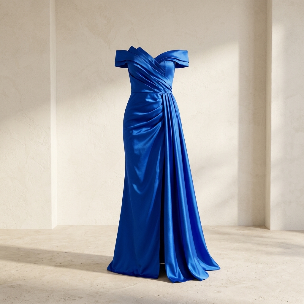 Robe de Soirée Longue en Satin Bleu Roi à Épaules Dénudées