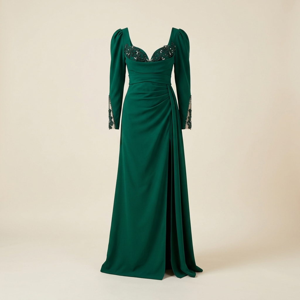 Robe de Soirée Longue Vert Émeraude à Broderies et Fente