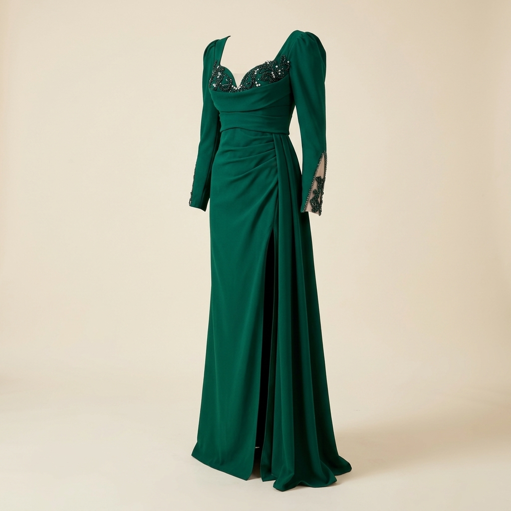 Robe de Soirée Longue Vert Émeraude à Broderies et Fente