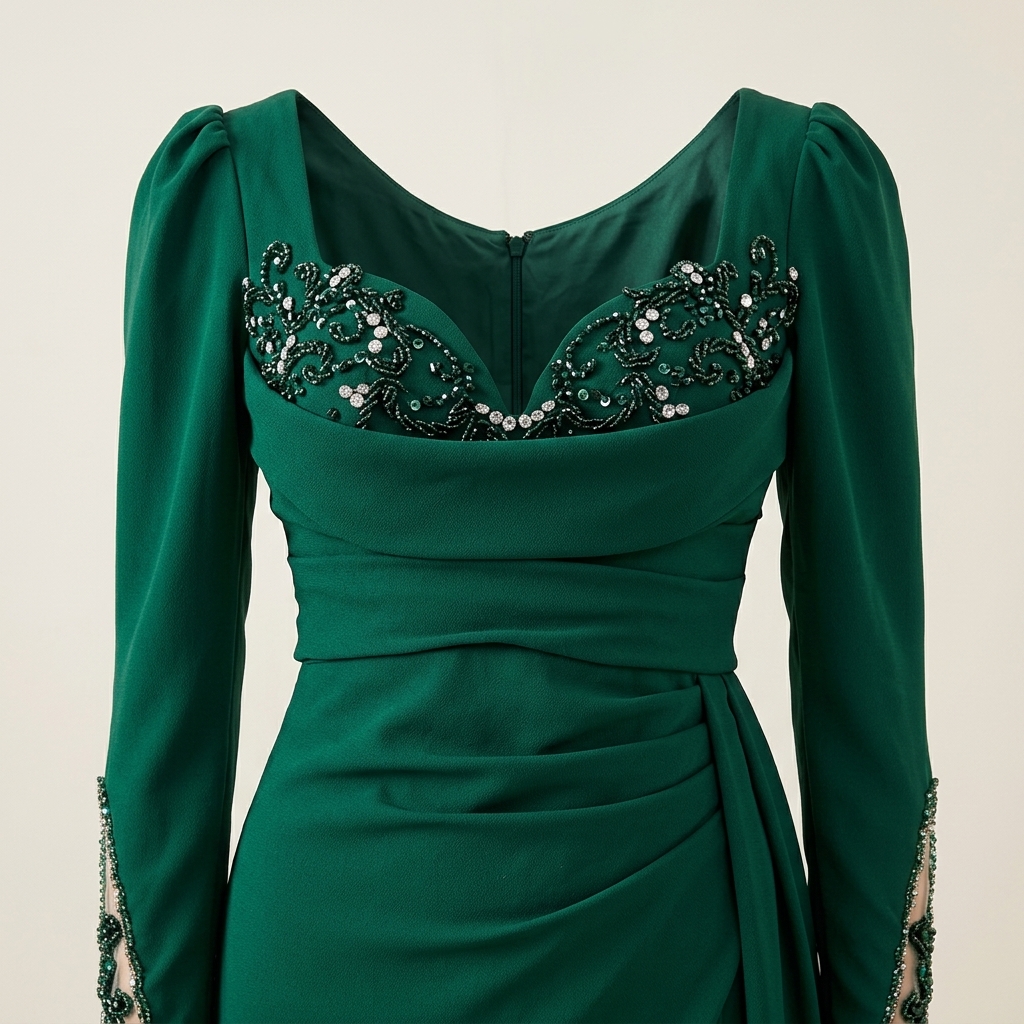 Robe de Soirée Longue Vert Émeraude à Broderies et Fente