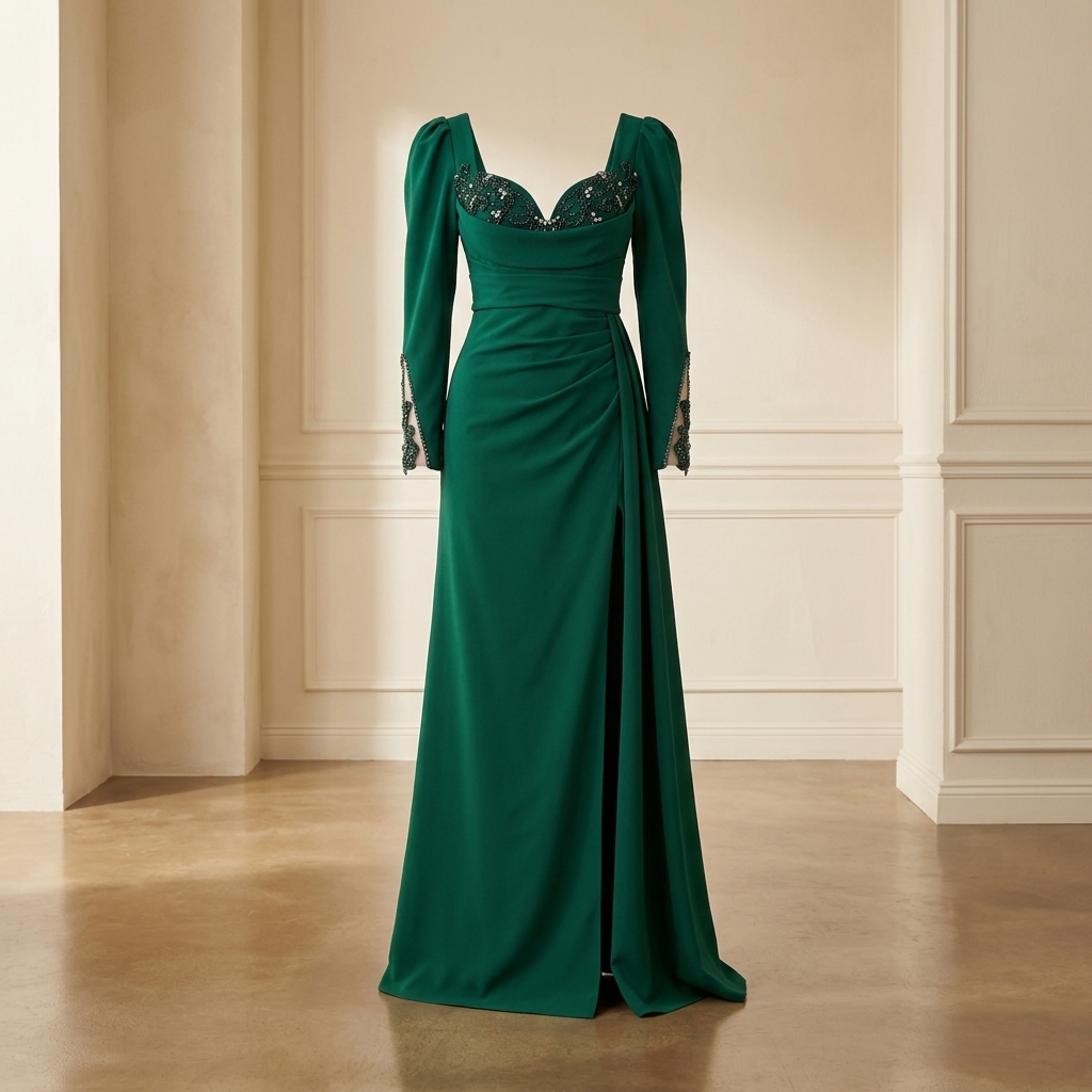 Robe de Soirée Longue Vert Émeraude à Broderies et Fente