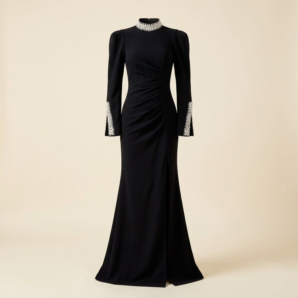 Robe de Soirée Longue Noire à Col et Poignets Ornés de Perles