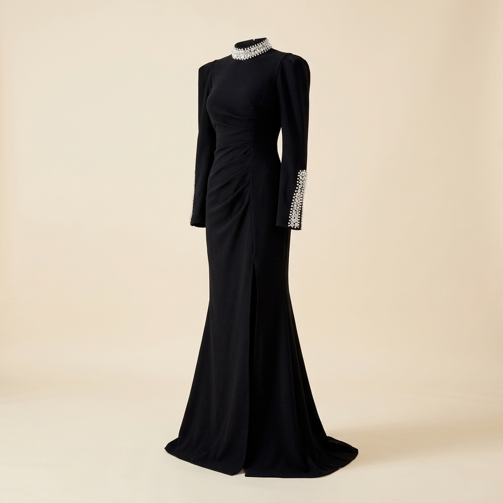 Robe de Soirée Longue Noire à Col et Poignets Ornés de Perles