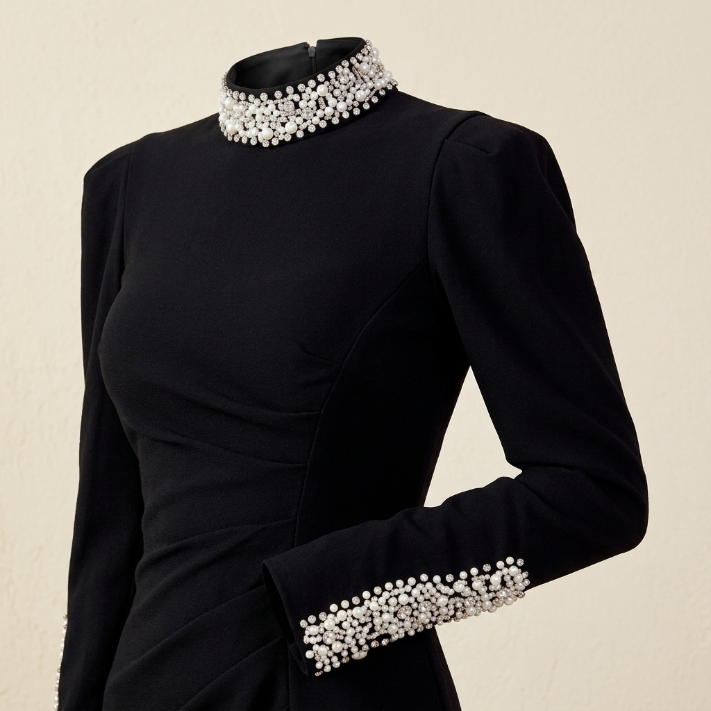 Robe de Soirée Longue Noire à Col et Poignets Ornés de Perles