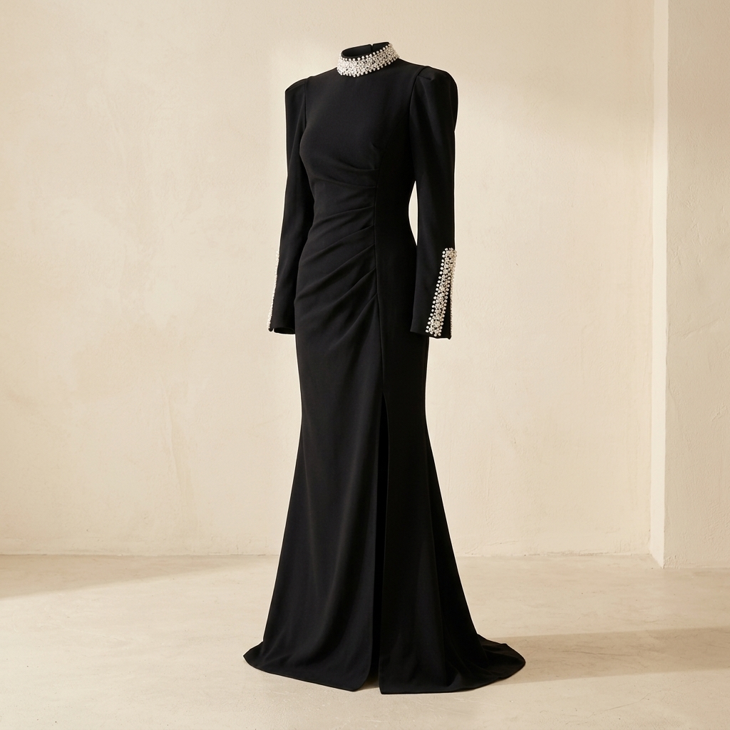 Robe de Soirée Longue Noire à Col et Poignets Ornés de Perles