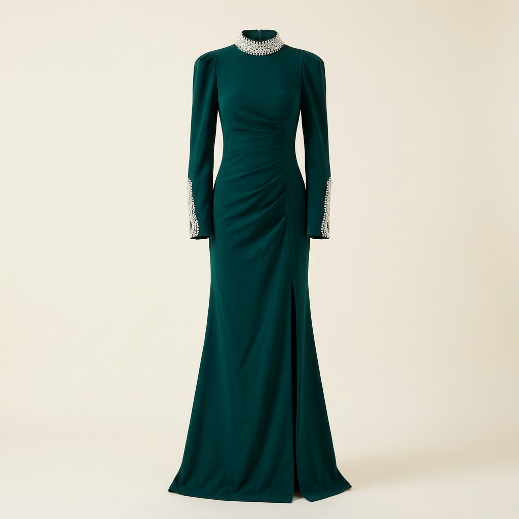 Robe de Soirée Longue Vert Émeraude à Col Montant et Poignets Perlés
