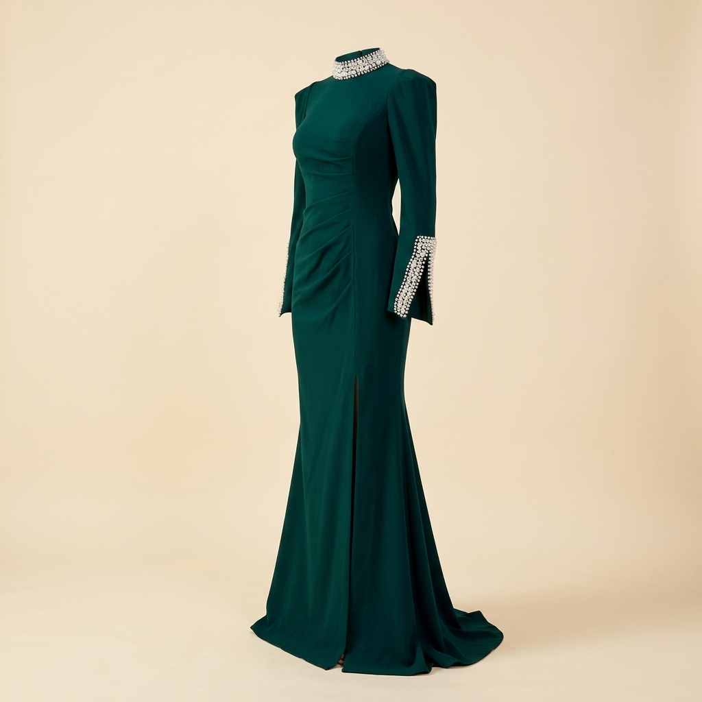 Robe de Soirée Longue Vert Émeraude à Col Montant et Poignets Perlés