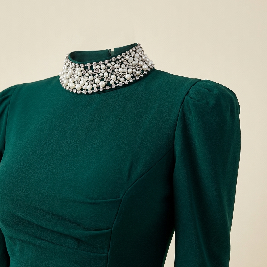 Robe de Soirée Longue Vert Émeraude à Col Montant et Poignets Perlés