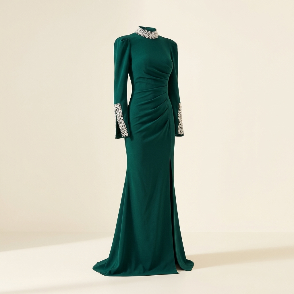 Robe de Soirée Longue Vert Émeraude à Col Montant et Poignets Perlés
