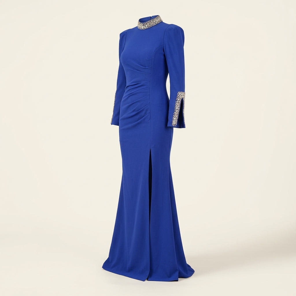 Robe de Soirée Longue Bleu Roi à Strass et Col Montant