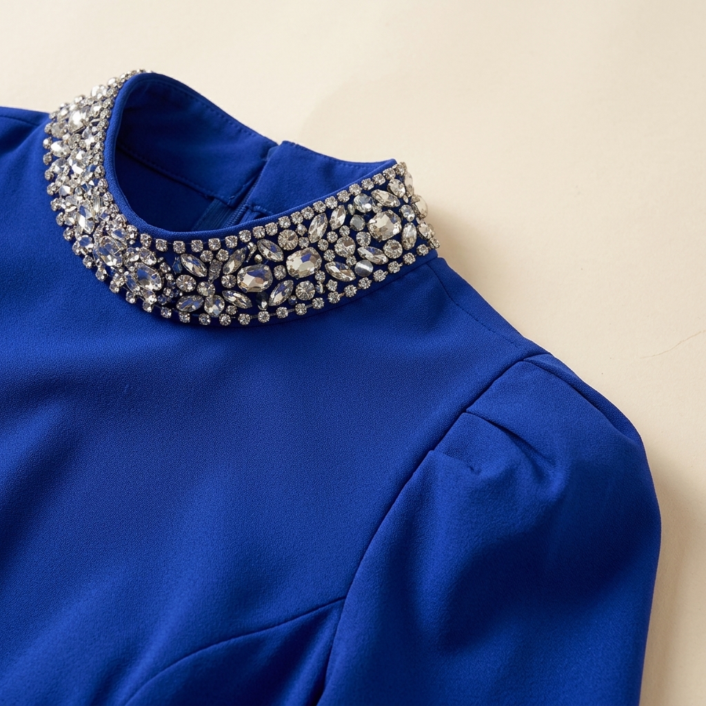 Robe de Soirée Longue Bleu Roi à Strass et Col Montant