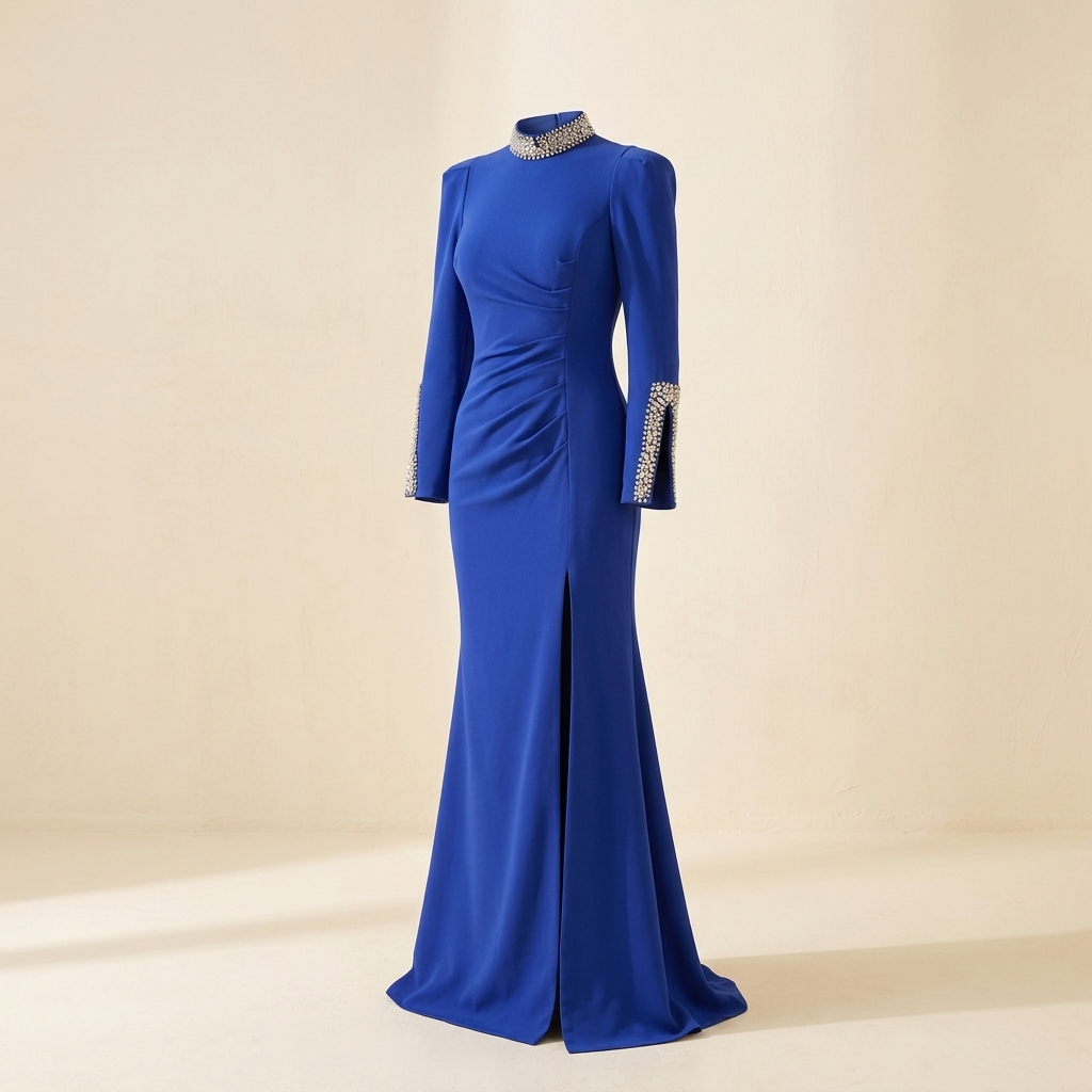 Robe de Soirée Longue Bleu Roi à Strass et Col Montant