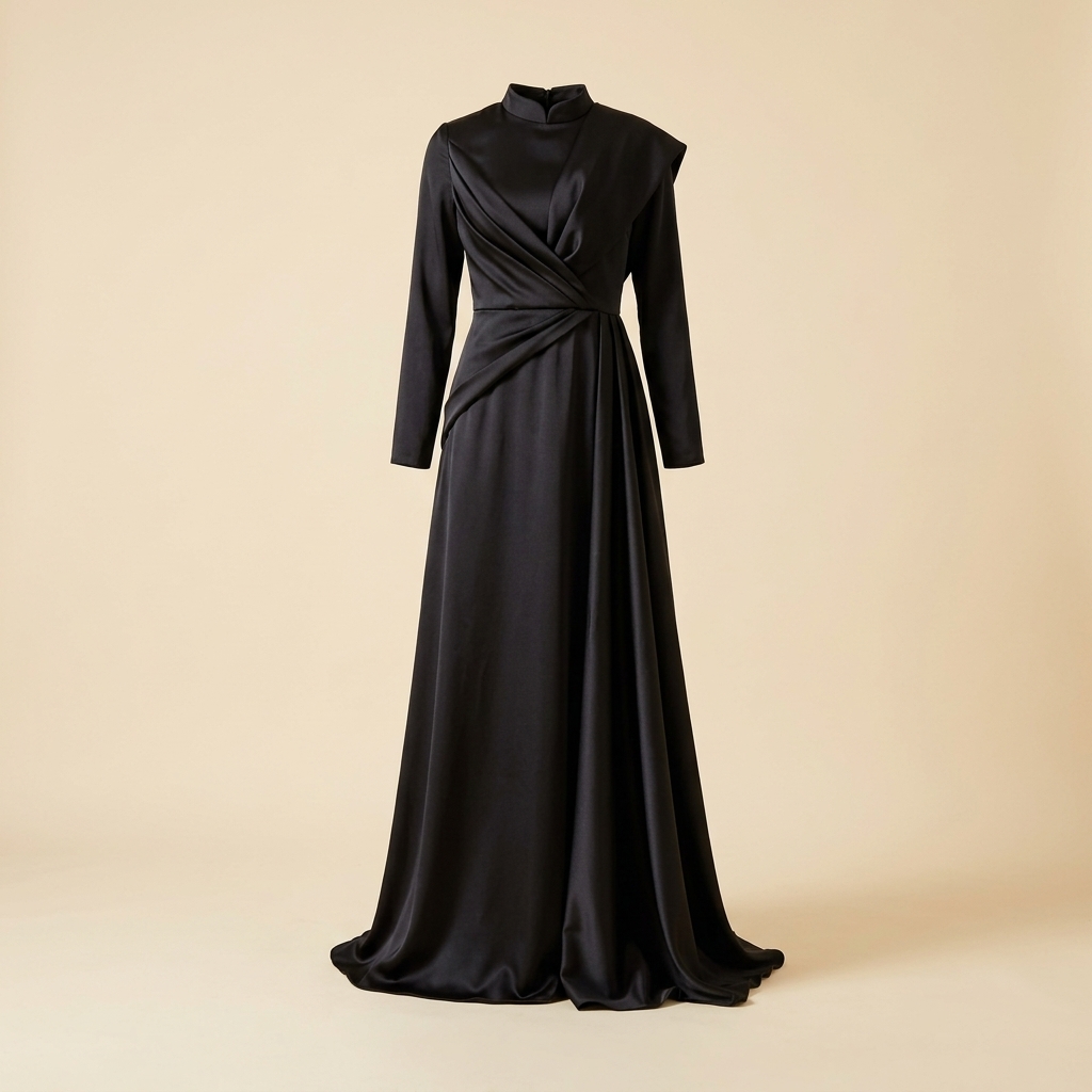 Robe de soirée longue en satin noir à col montant drapé