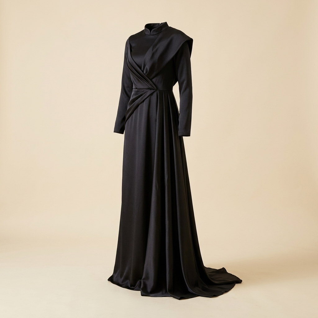 Robe de soirée longue en satin noir à col montant drapé