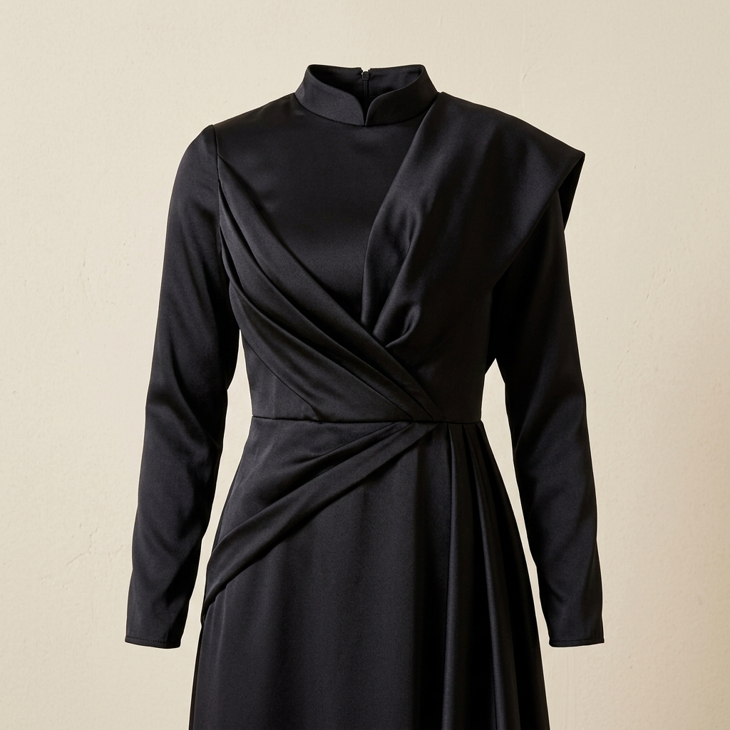 Robe de soirée longue en satin noir à col montant drapé