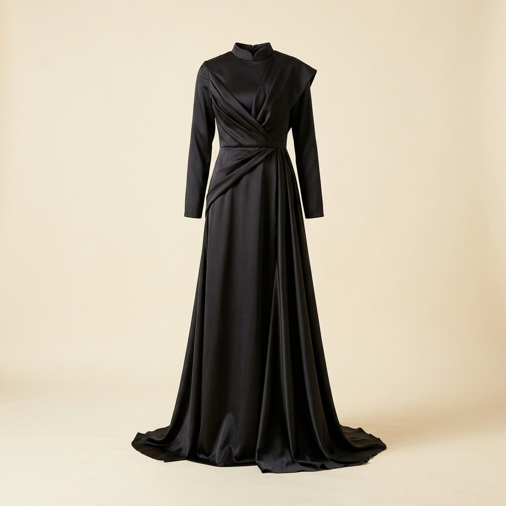 Robe de soirée longue en satin noir à col montant drapé