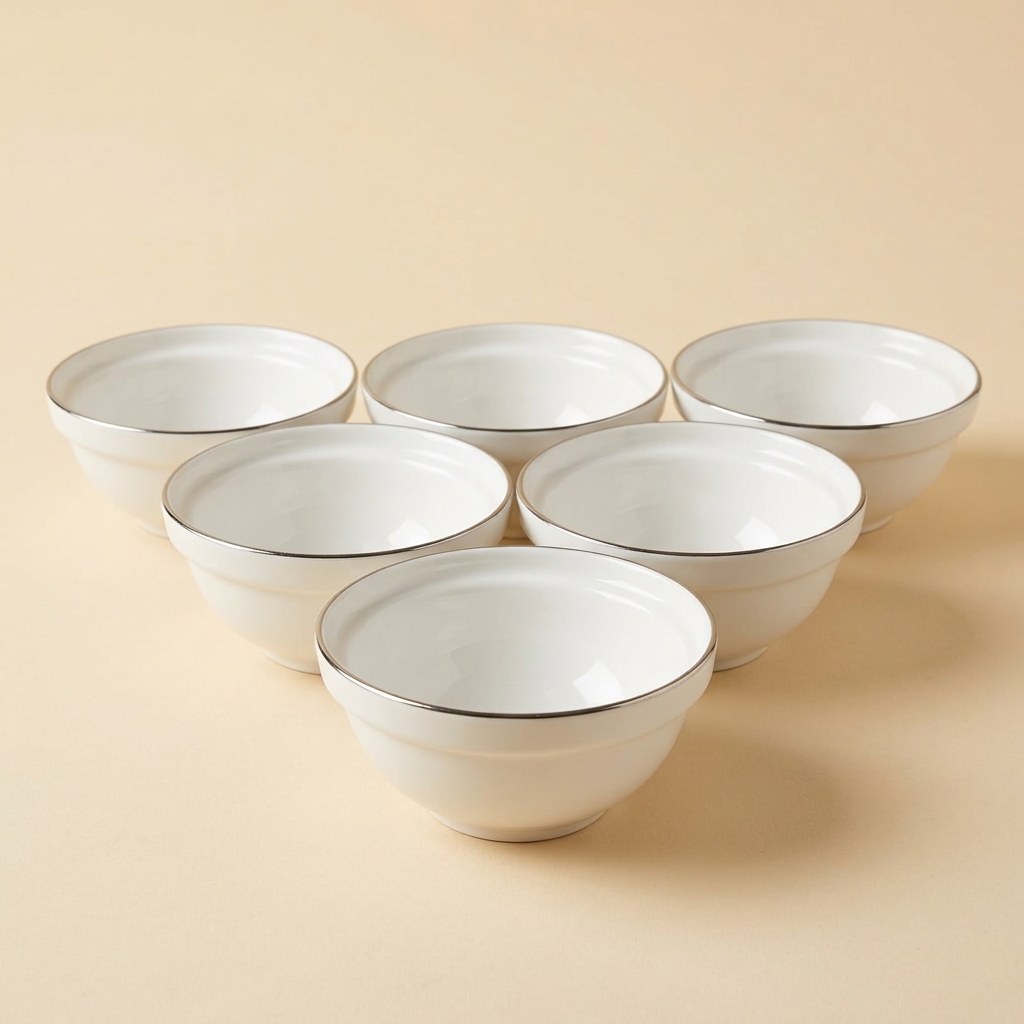 Lot de 6 Bols en Porcelaine Blanche avec Liseré Argenté