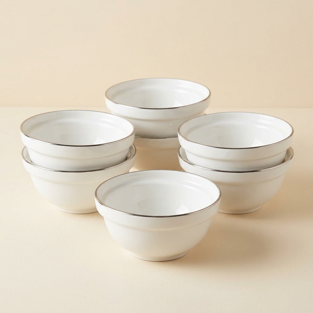Lot de 6 Bols en Porcelaine Blanche avec Liseré Argenté