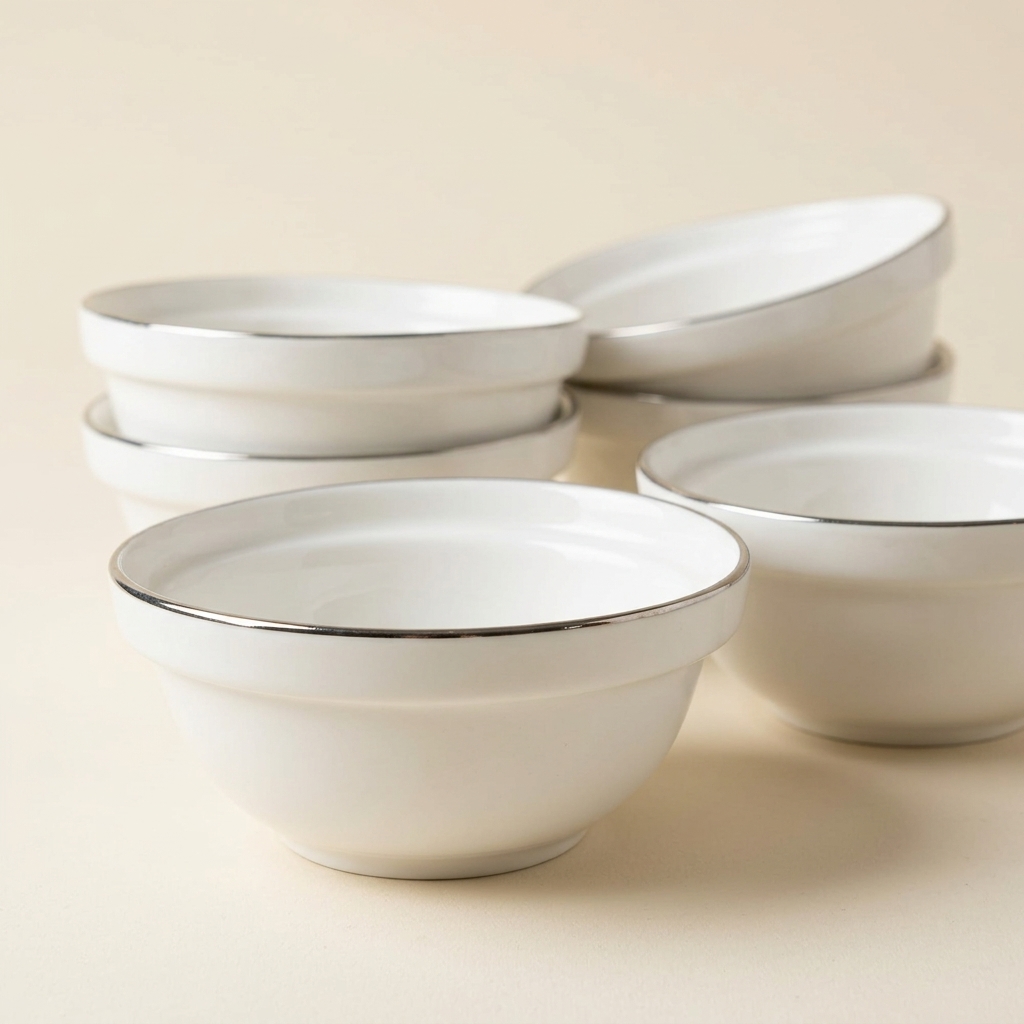 Lot de 6 Bols en Porcelaine Blanche avec Liseré Argenté
