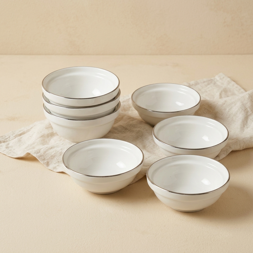 Lot de 6 Bols en Porcelaine Blanche avec Liseré Argenté