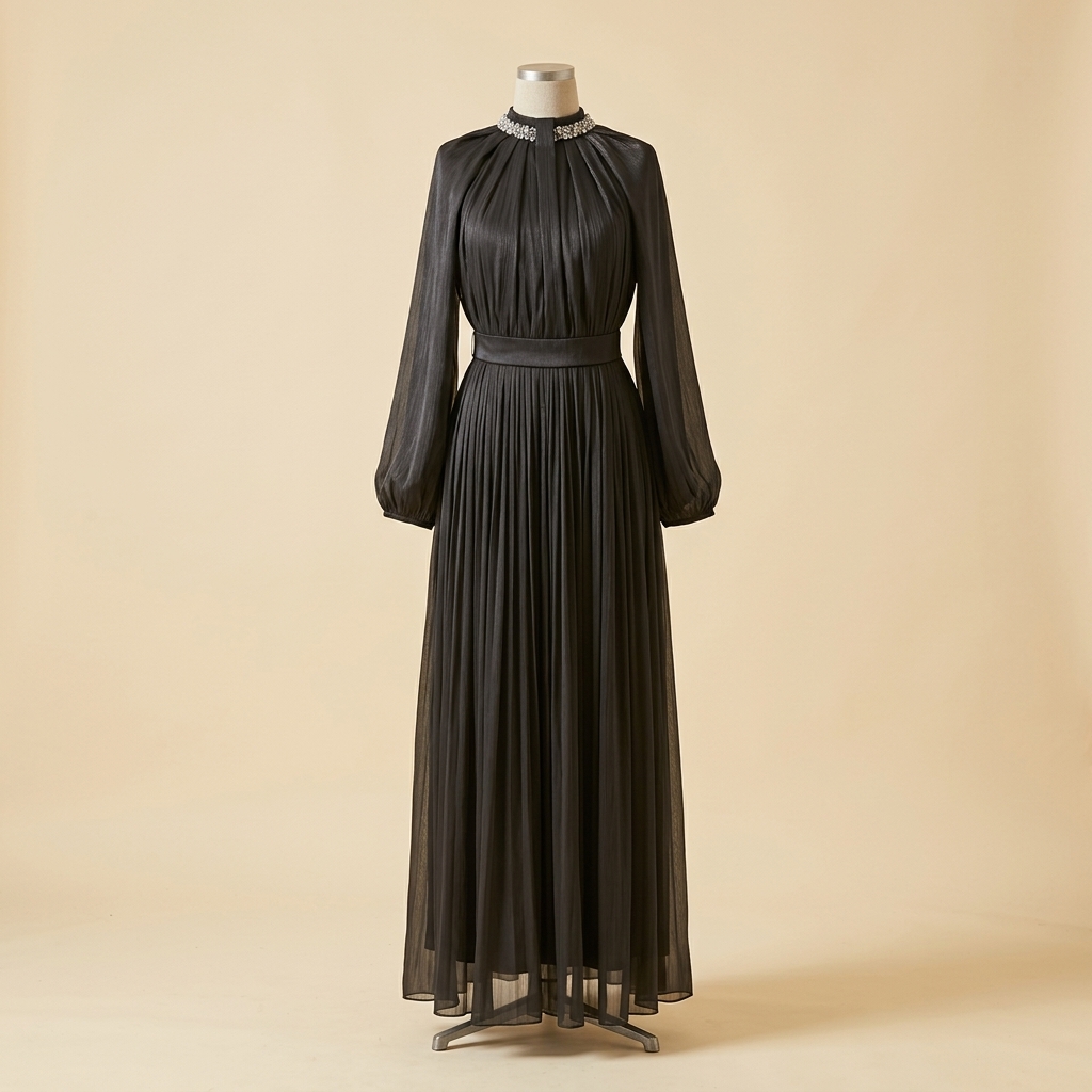 Robe de Soirée Longue Plissée Noire à Col Bijou