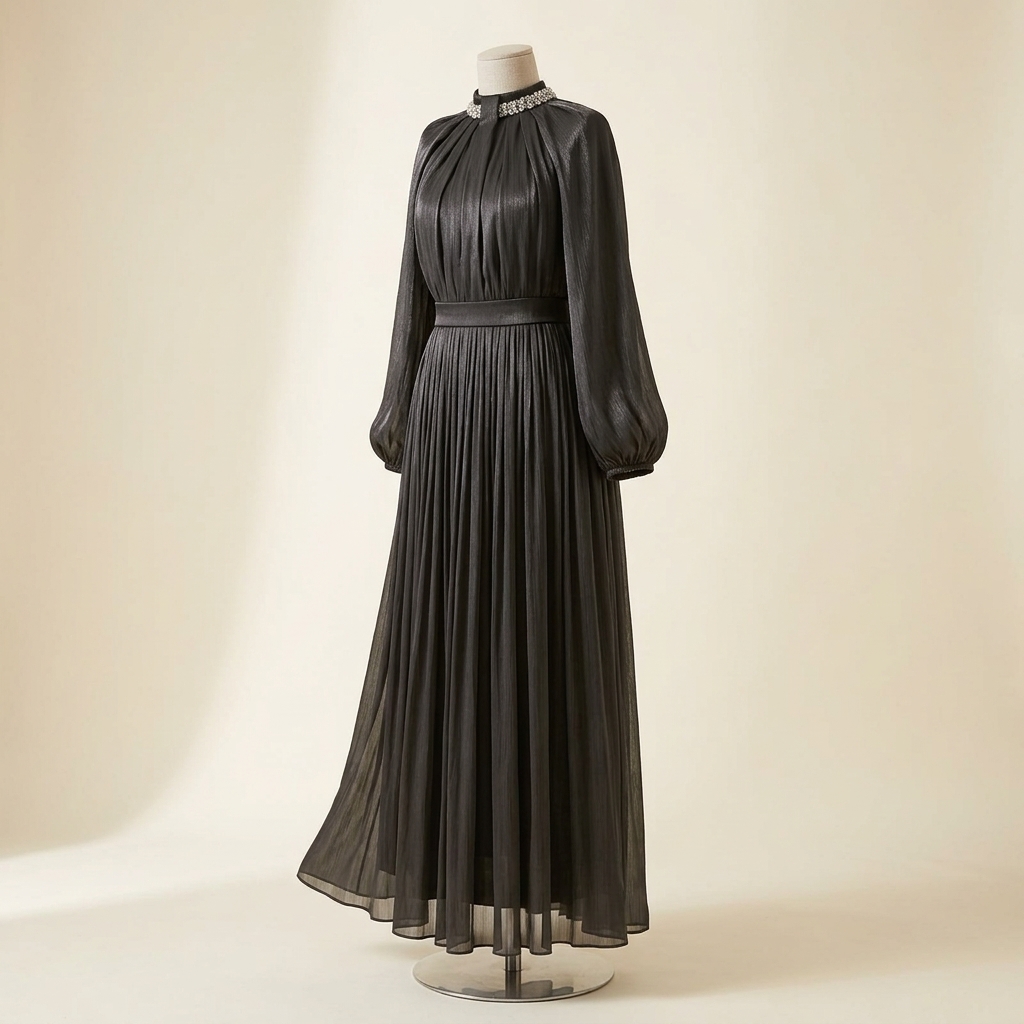 Robe de Soirée Longue Plissée Noire à Col Bijou