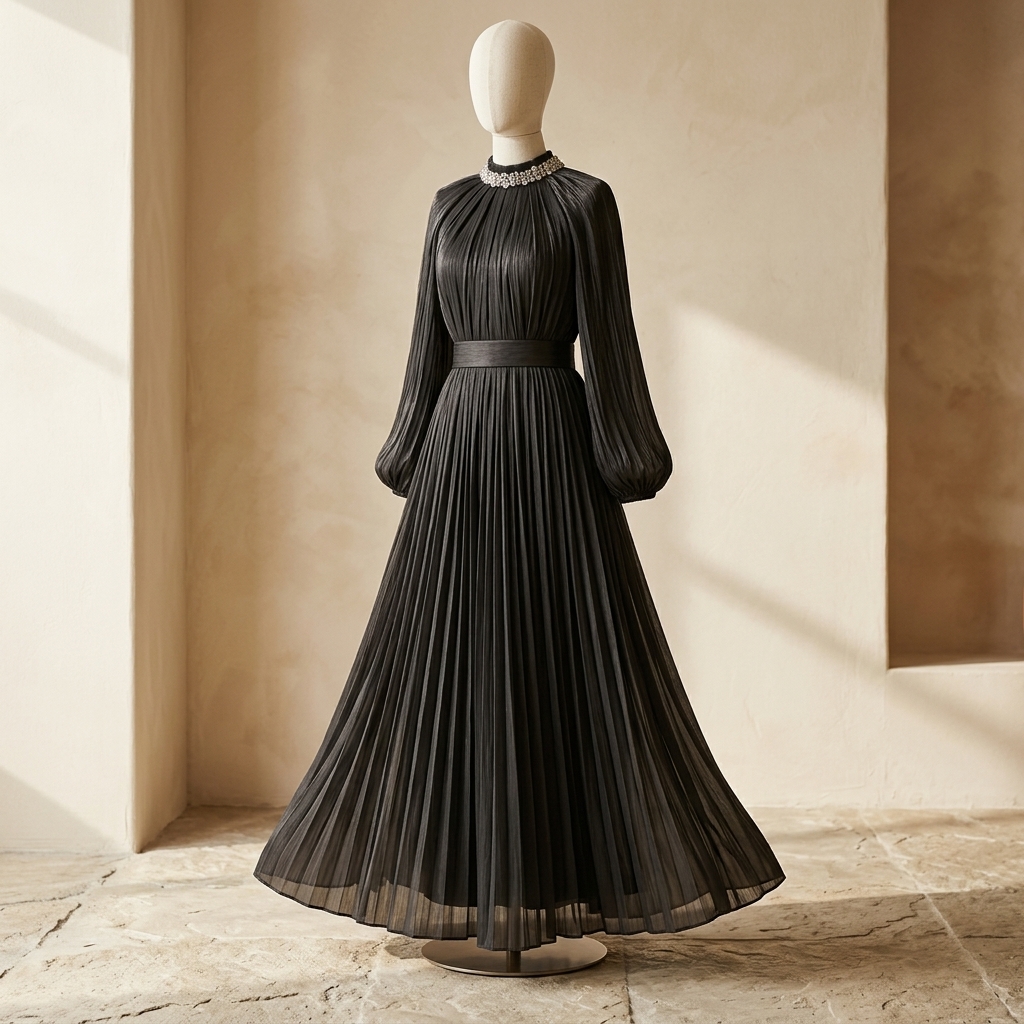 Robe de Soirée Longue Plissée Noire à Col Bijou