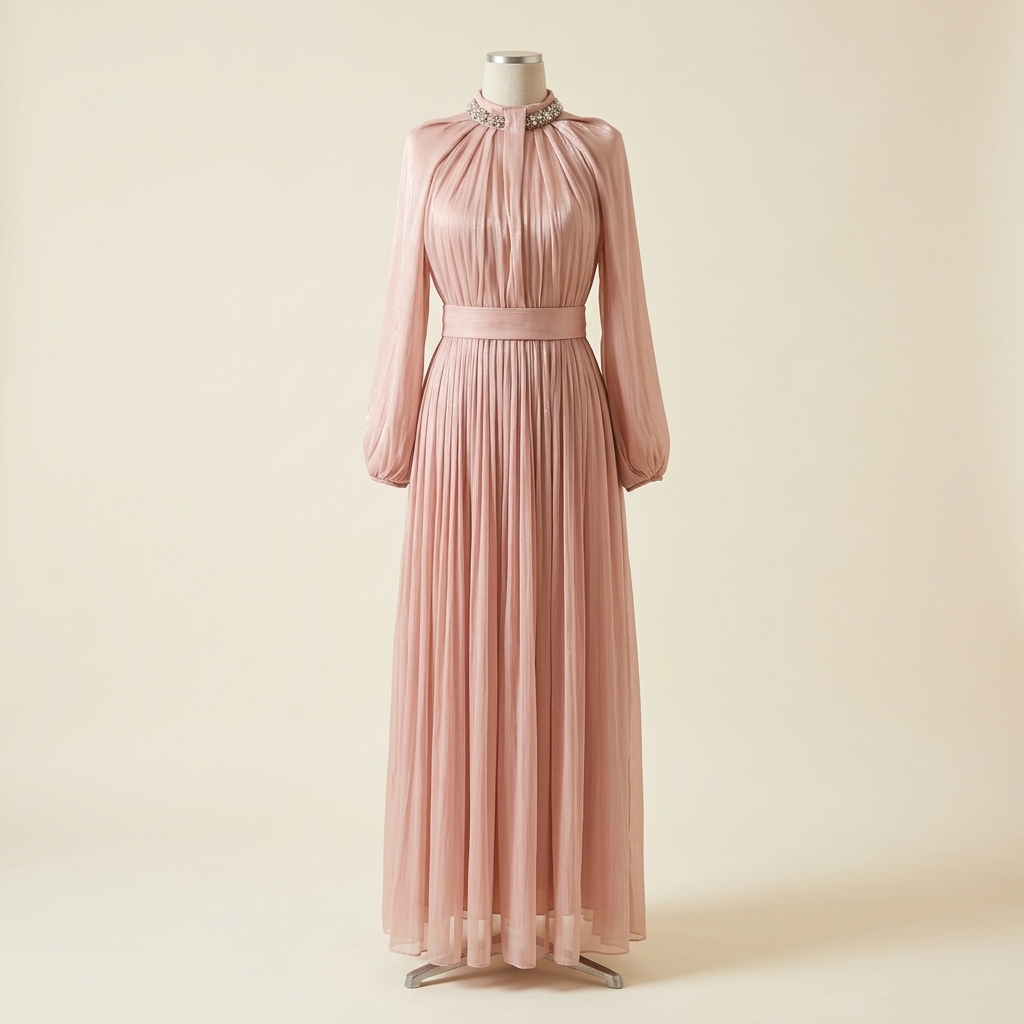 Robe de Soirée Longue Plissée Rose Poudré avec Col Bijou