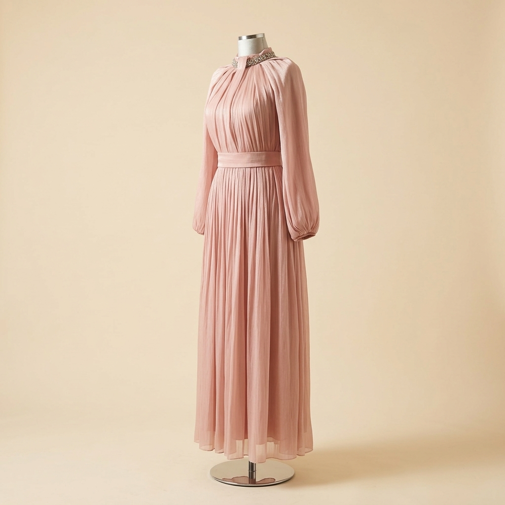 Robe de Soirée Longue Plissée Rose Poudré avec Col Bijou