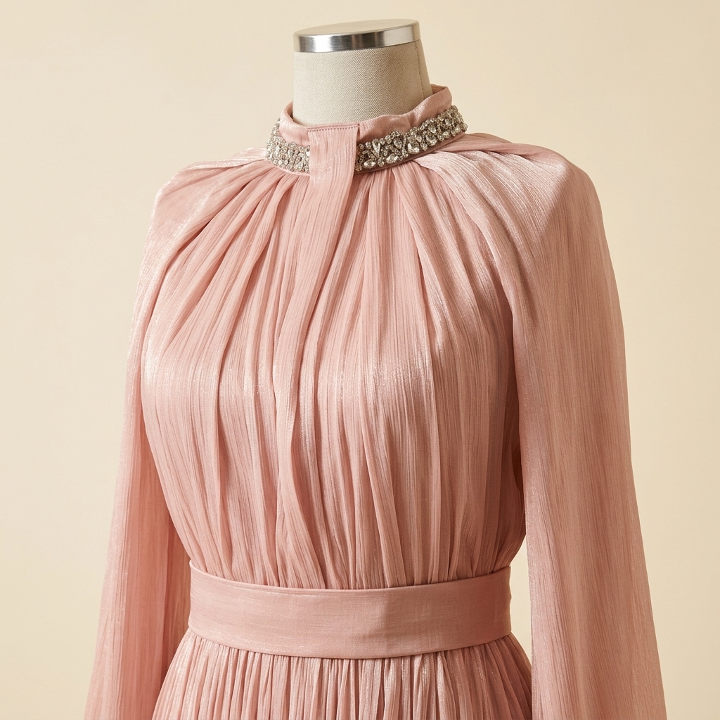 Robe de Soirée Longue Plissée Rose Poudré avec Col Bijou