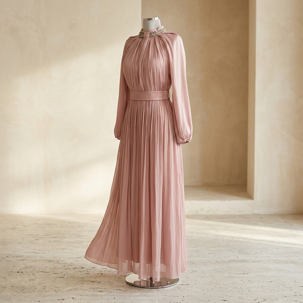 Robe de Soirée Longue Plissée Rose Poudré avec Col Bijou