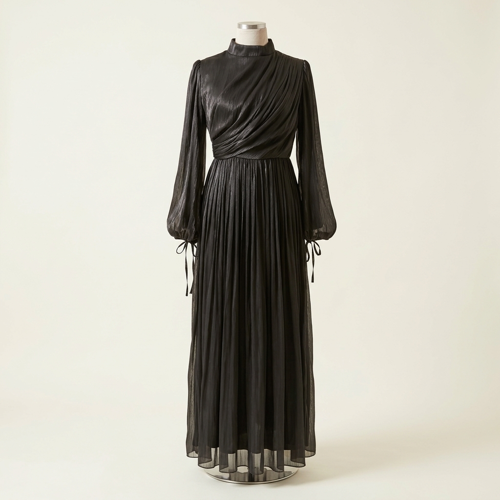 Robe de Soirée Longue Plissée Noire à Col Montant