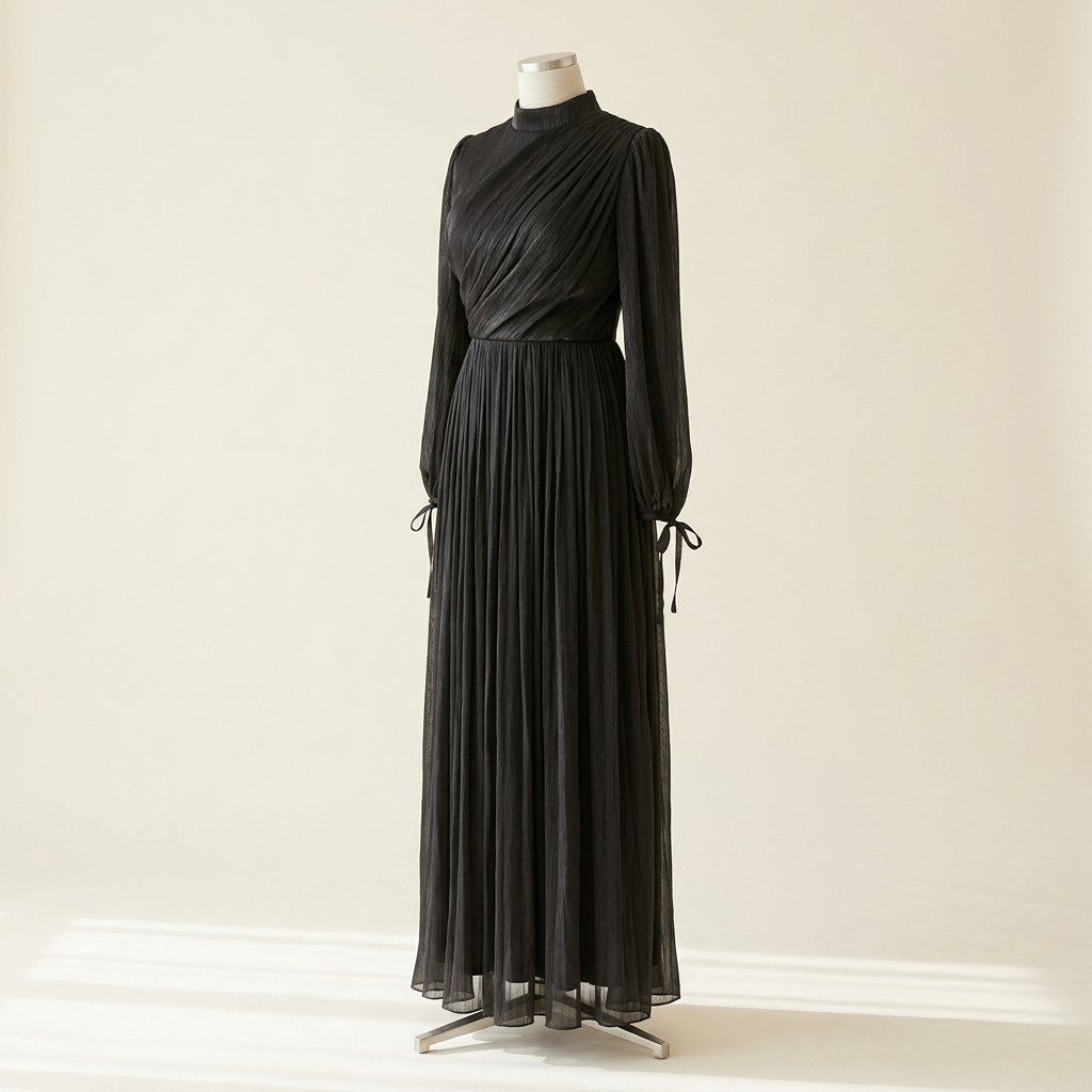 Robe de Soirée Longue Plissée Noire à Col Montant