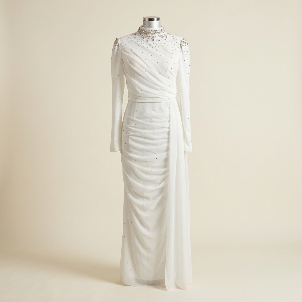 Robe de soirée longue drapée blanche ornée de strass