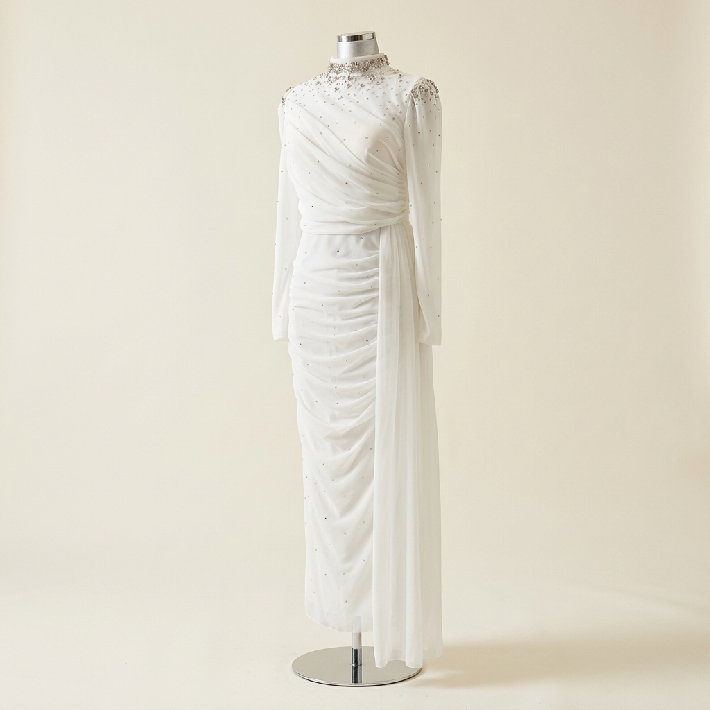 Robe de soirée longue drapée blanche ornée de strass