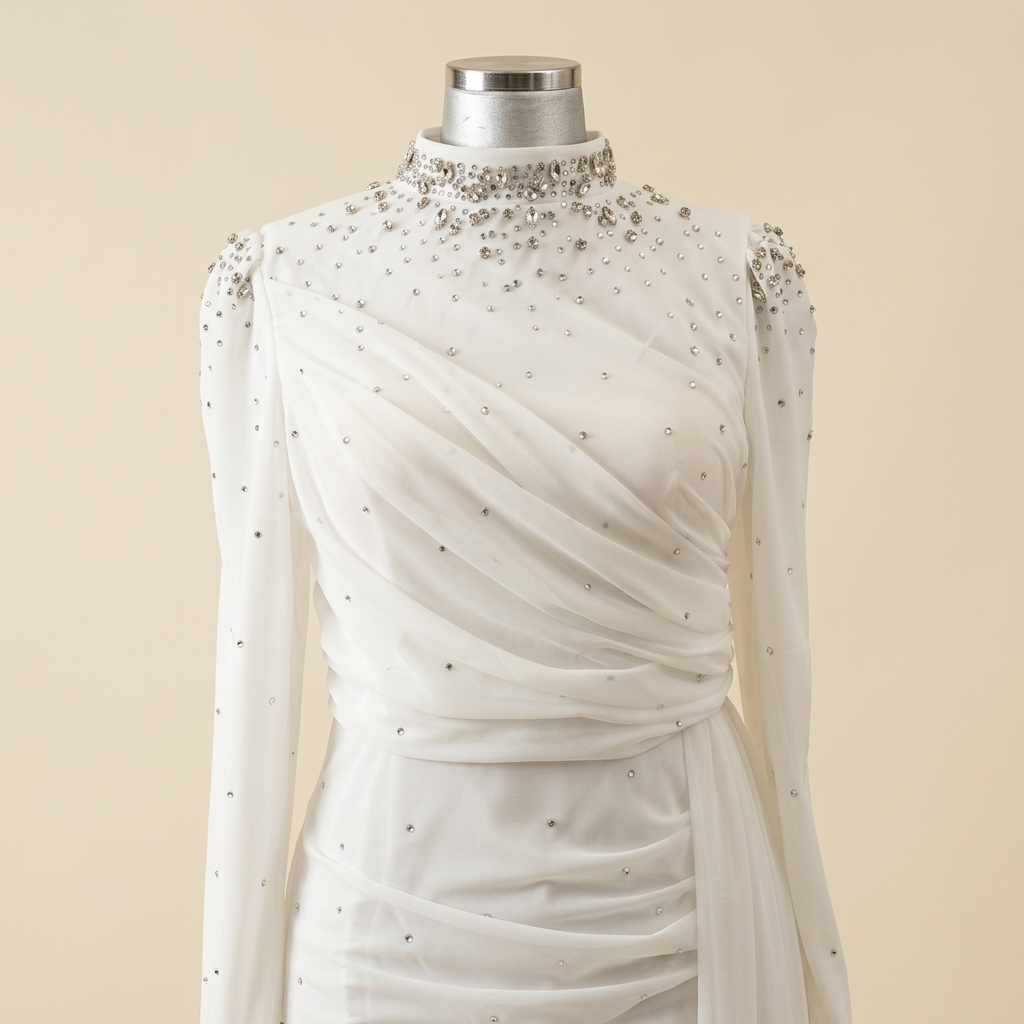 Robe de soirée longue drapée blanche ornée de strass