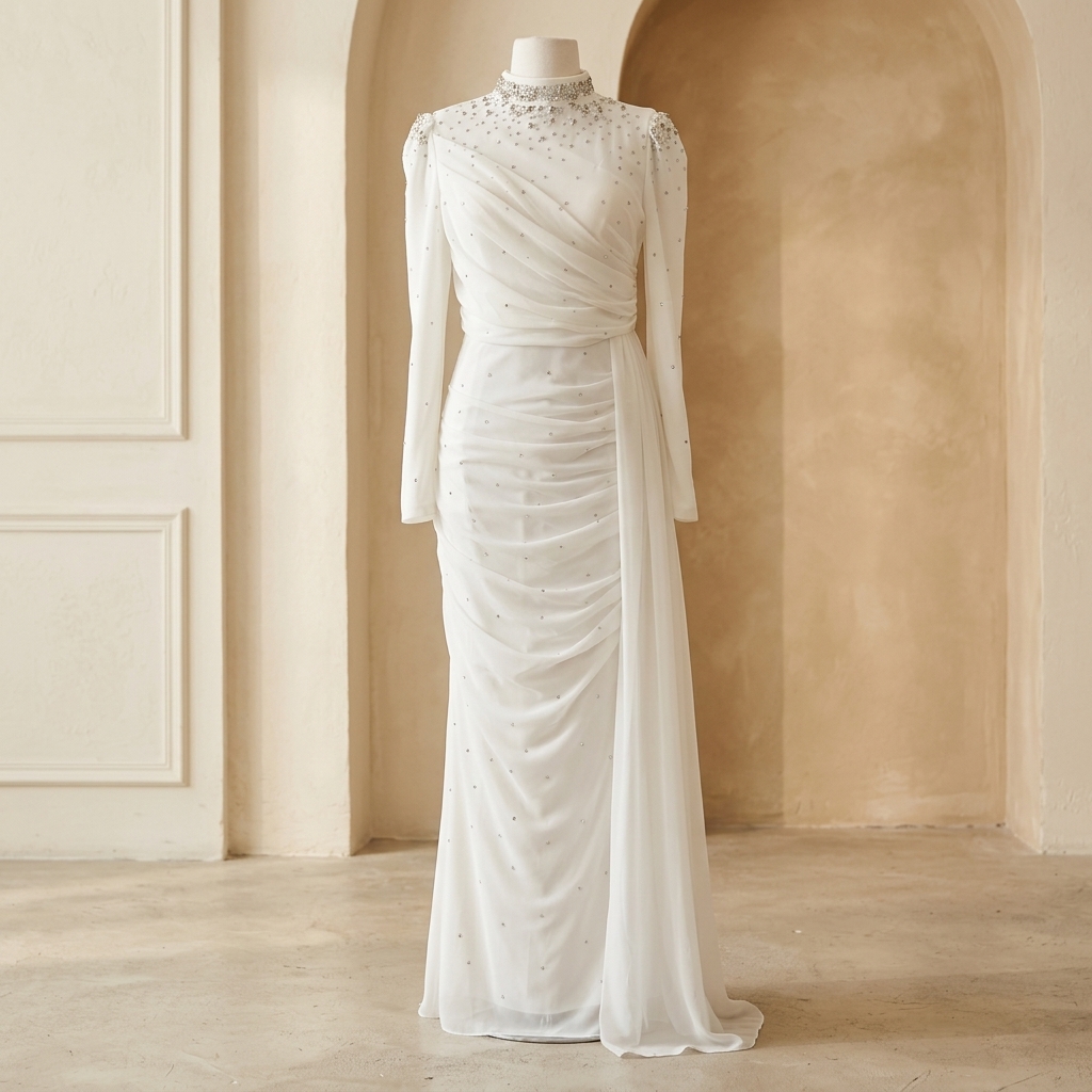 Robe de soirée longue drapée blanche ornée de strass
