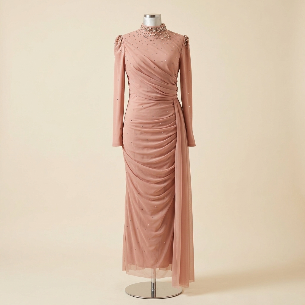 Robe de Soirée Longue Drapée Rose Poudré Ornée de Strass